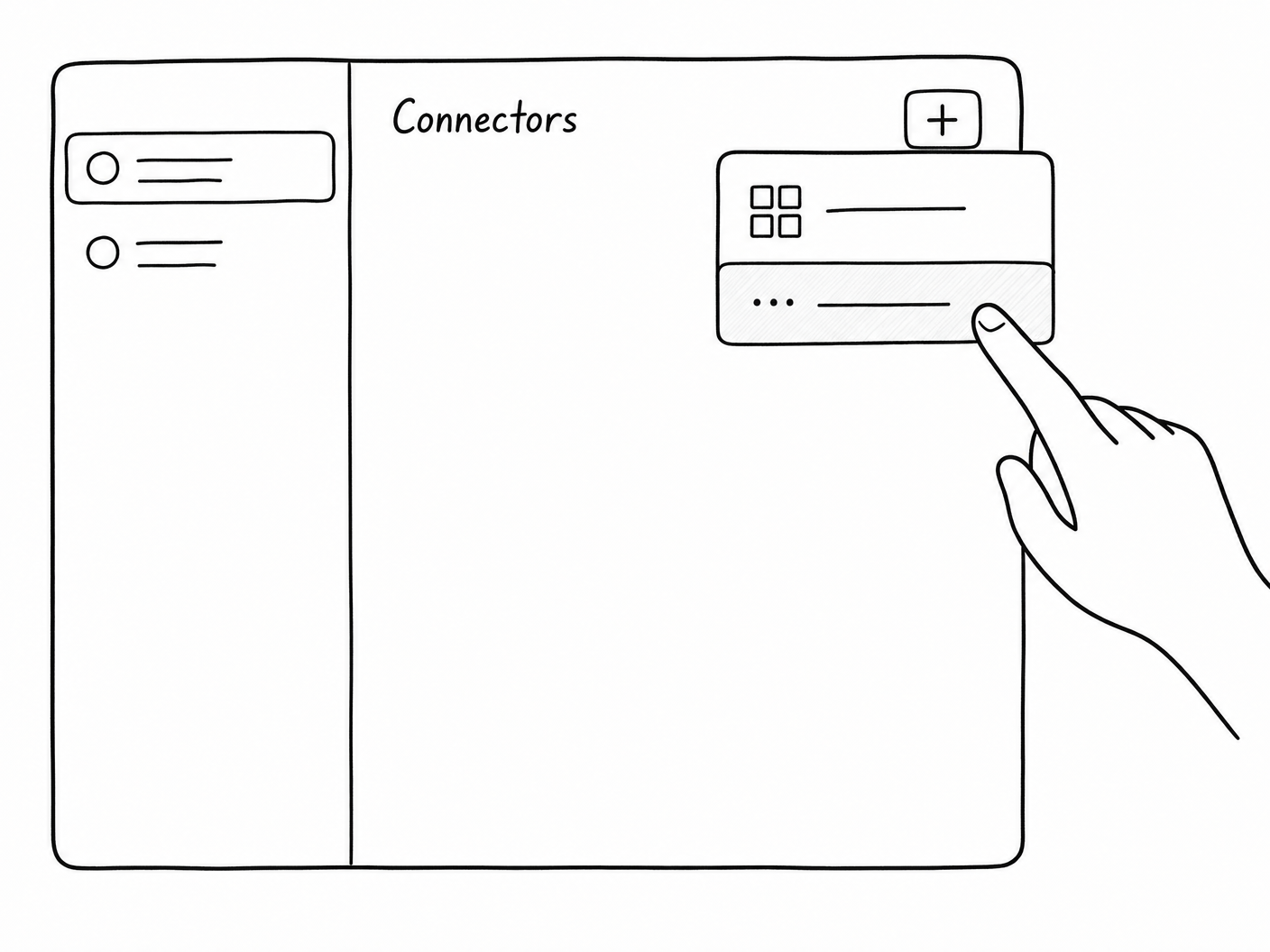 Connectors panel with + dropdown open, hand pointing at Add custom connector