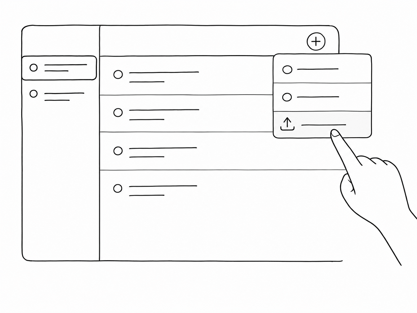 Skills panel with + dropdown open, hand pointing at Upload a skill